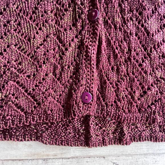MODA International Burgundy Wine Gold Lurex Knit Cardigan Sweater SZ XL C101355 - Picture 3 of 6